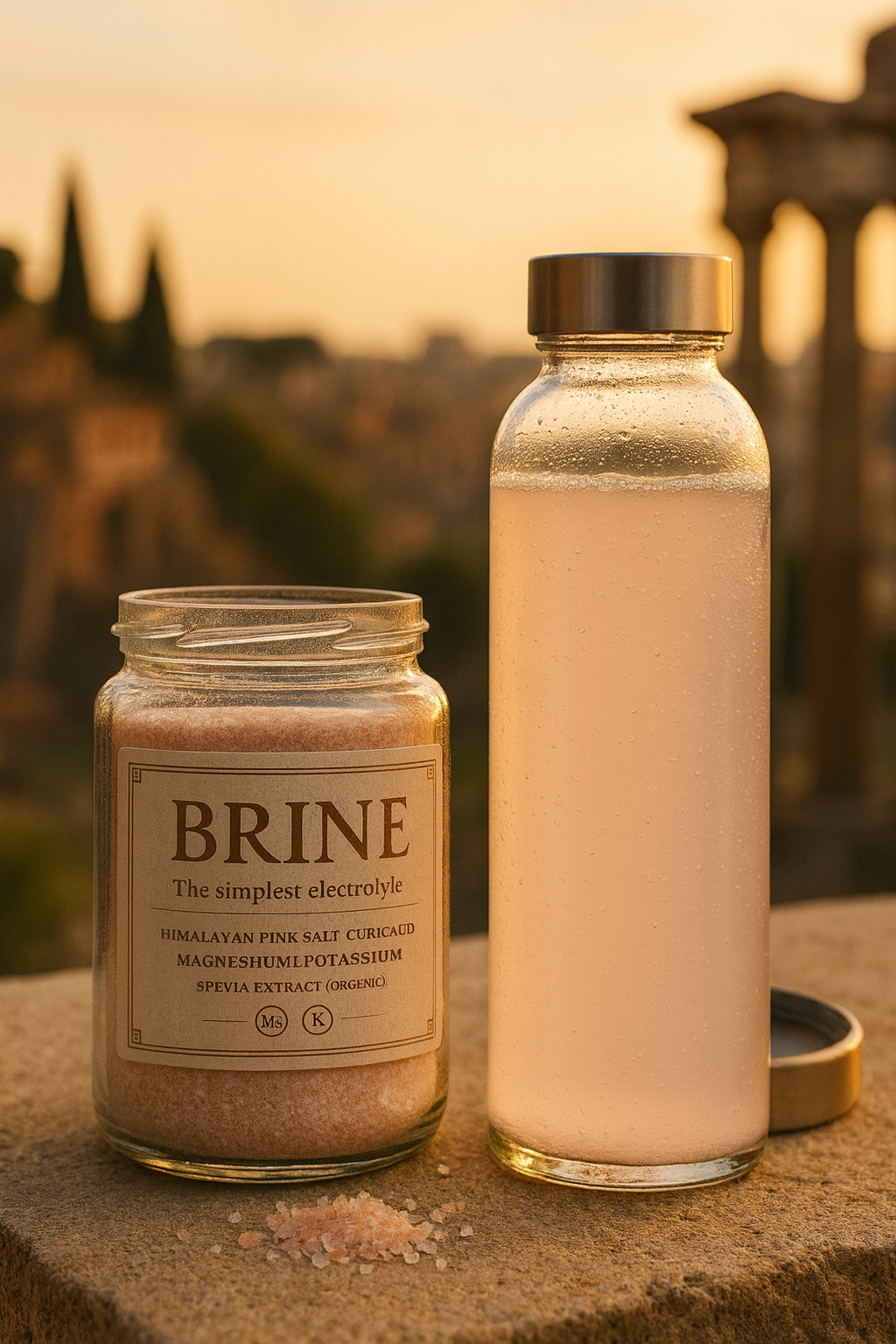 Brine jar and bottle with a sunset background